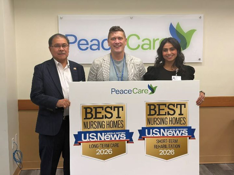 Image of Bob Reyes, Peace Care St. Ann’s Administrator, Kyle Hreben, Peace Care CEO, and Maggie Tadrous, Peace Care St. Joseph’s Administrator holding U.S. News badges